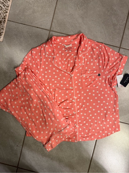 kate spade Other - kate spade Coral Pink Polka Dot Short-Sleeve Pajama Set White Trim long Pants